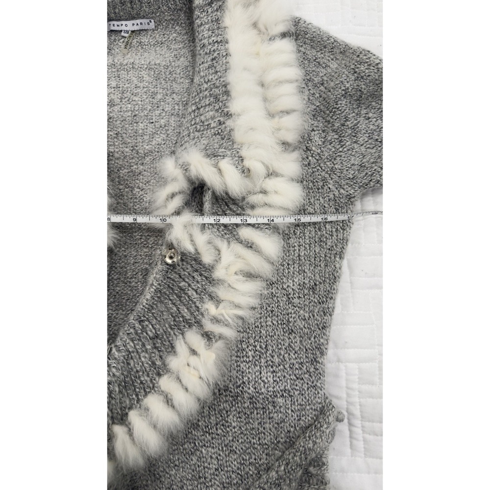Tempo Paris Gray Knit Faux Fur Trim Longline Cardigan Sweater Bell Sleeve S/M - Picture 7 of 9